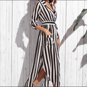 Vertical Striped Self-tie Dress